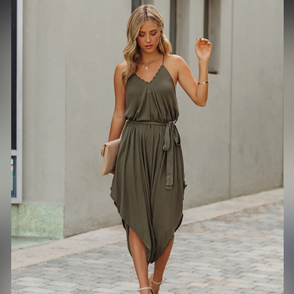 Womens tie waist jumpsuit olive green boho